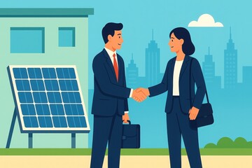 Business professionals shaking hands outdoors with solar panel building and city skyline