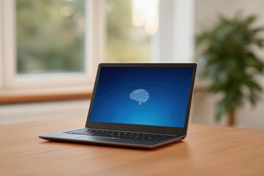 Modern laptop on wooden table displays brain symbol, symbolizing