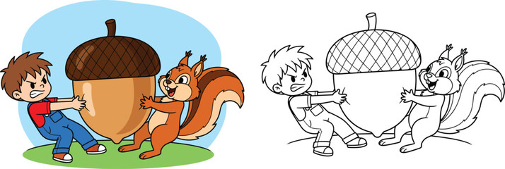 Cute Cartoon Boy and Squirrel Fighting Over Giant Acorn