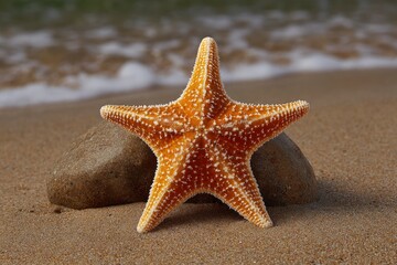 An orange starfish with white accents stands on a tan beach supported by two smooth graybrown rocks