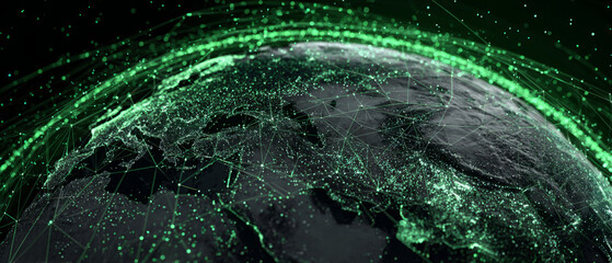Digital Earth globe with green glowing network grid