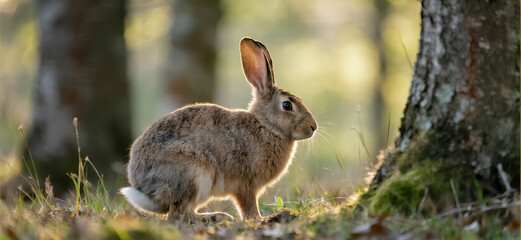 Fototapeta premium Wild Hare in the Forest Rabbit Among Trees Nature Wildlife Scene with Hare