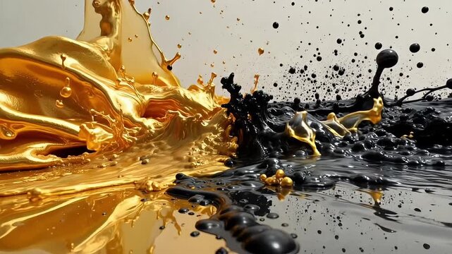 Dynamic collision of vibrant gold and dark liquid creating a dramatic splash.
