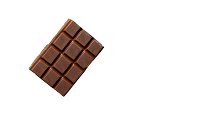 Dark chocolate bar, diagonally angled, showing gridded squares