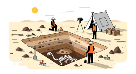 Illustration of an archaeological dig site with workers excavating a dinosaur skeleton in a layered pit under a sunny sky.