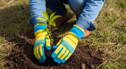 Fototapeta premium Hands carefully planting a young green sapling into rich soil, embracing nature's growth