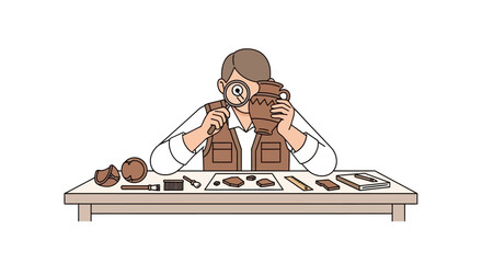 An archaeologist examines a clay pot with a magnifying glass at a table filled with artifacts and tools.