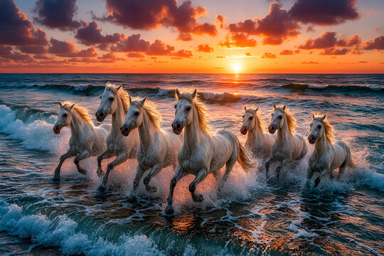 Seven White Horses Running Through Ocean Waves at Sunset Ai Genreted photo 