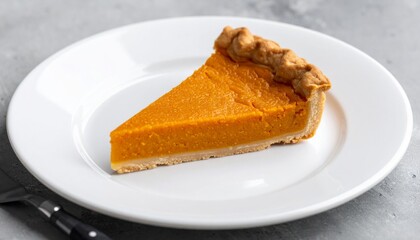 Close up Slice of Golden Pumpkin Pie with Flaky Crust on White Plate over Marble Table