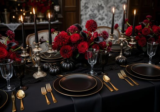 Elegant and modern gothic tablescape for a whimsical Halloween dinner party with dramatic red flowers and black candles