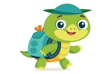 Cheerful green turtle cartoon character is walking wearing a hat and backpack happily