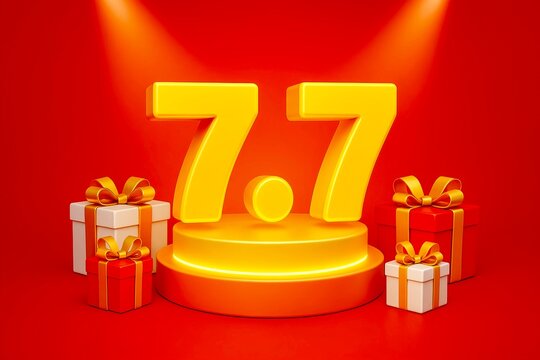 shopping online festival style numbers 7.7 on glowing podium, gift boxes and spotlight