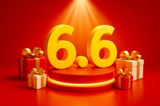shopping online festival style numbers 6.6 on glowing podium, gift boxes and spotlight