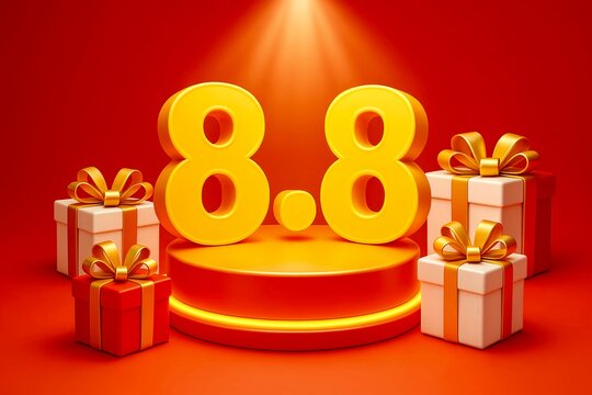 shopping online festival style numbers 8.8 on glowing podium, gift boxes and spotlight