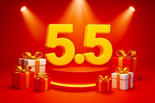 shopping online festival style numbers 5.5 on glowing podium, gift boxes and spotlight