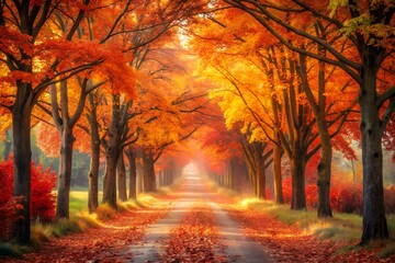 Autumn Road with Vibrant Orange and Yellow Leaves Creating a Tunnel Effect