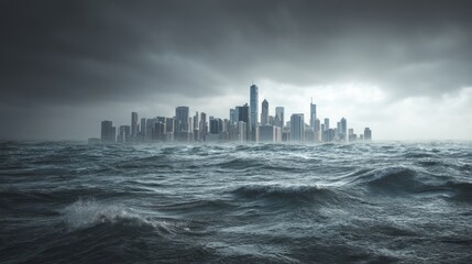 Stormy Sea Surrounding a Modern City Skyline