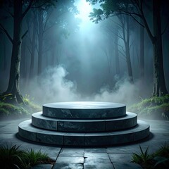 Three Tiered Stone Podium Display In Mystical Foggy Forest With Soft Lighting