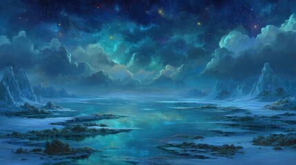 Naklejka premium Winter Night Landscape With Frozen Lake And Stars