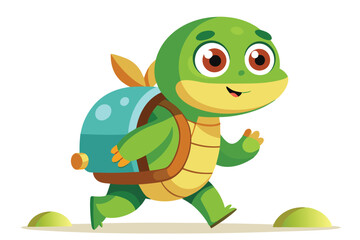 Cute green turtle with backpack joyfully walks across the ground plane toward something unseen