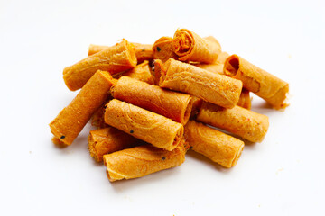 Rolled crispy wafers filled with shredded pork floss, Thai snack.