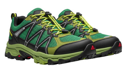 Green hiking shoes footwear for outdoor activities isolated on transparent background