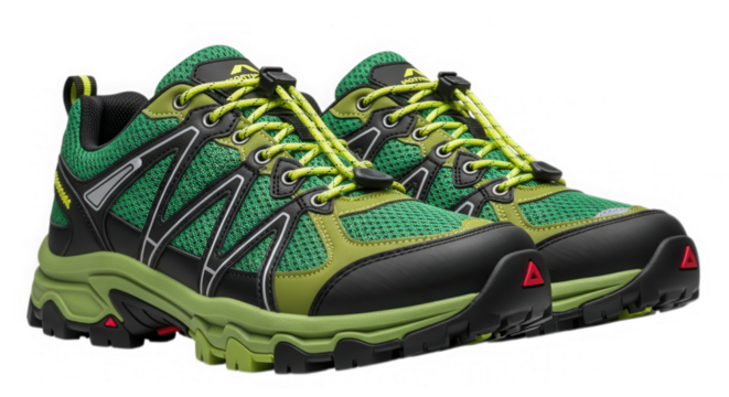 Green hiking shoes footwear for outdoor activities isolated on transparent background