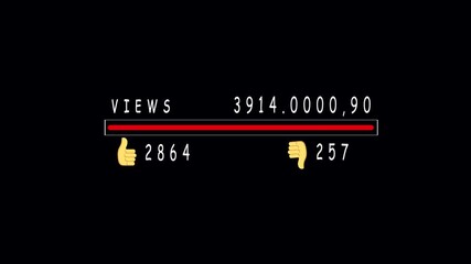 Social media counter animation rising likes views thumbs up black background seamless motion. Animated social media counter rising views likes thumbs up progress bar digital interface loop. - Powered by Adobe
