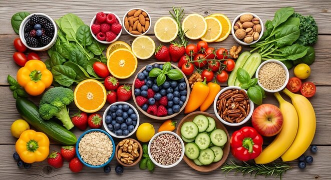 Colorful assortment of fresh fruits and vegetables on wooden surface. - Powered by Adobe