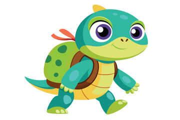 Fototapeta premium Smiling cartoon turtle with backpack is walking forward happily in a colorful vector