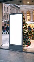 Blank billboard in a city street, Christmas market scene