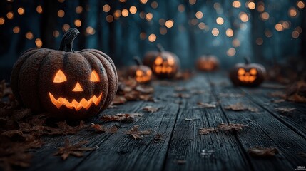 Eerie Halloween Pumpkins on Rustic Wood with Bokeh
