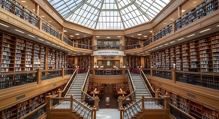 Fototapeta premium Library Interior with Stairs and Bookshelves