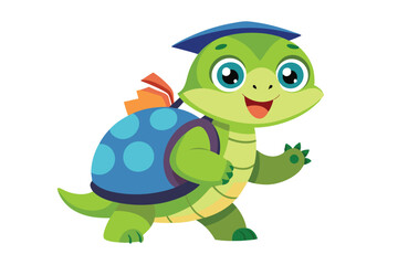 Cheerful green turtle smiles wearing a graduation cap and backpack isolated on white