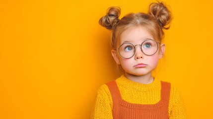 Little girl with pigtails and glasses looking thoughtful