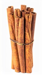 Aromatic Brown Cinnamon Sticks Bundle Tied Together with Twine Against White Background
