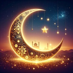 Golden crescent moon, desert night