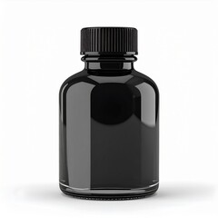 Black Glossy Bottle Filled With Dark Liquid Medicine in a White Background