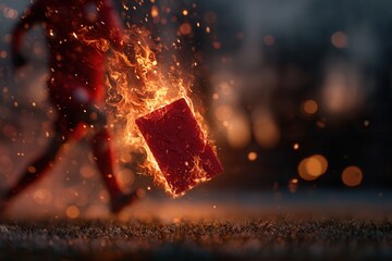 Dynamic athlete in motion, a red card ablaze with vibrant fire and sparks flying on the field