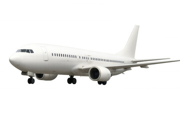 Modern white passenger airplane soaring through the sky with landing gear extended, set against a transparent background