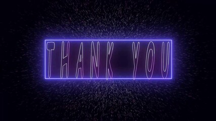 Animated neon thank you text purple background particles motion graphics end screen lower third loop. Neon thank you animation glowing text purple background particle.
