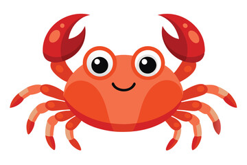 Cheerful red cartoon crab smiles with large eyes and waving claws on white