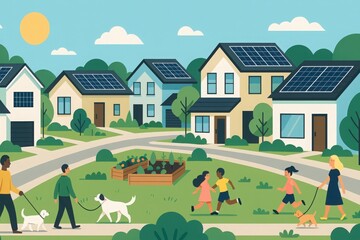 Sustainable suburban neighborhood illustration with solar panel houses, diverse people, pets, and community garden