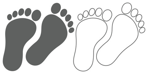 Three stylized footprints of varying sizes symbolizing growth progress or different ages possibly representing childhood adolescence and adulthood. Simple black footprint pair icon graphic