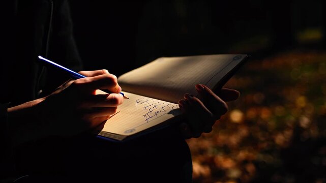 Hand writing with pen in large open book