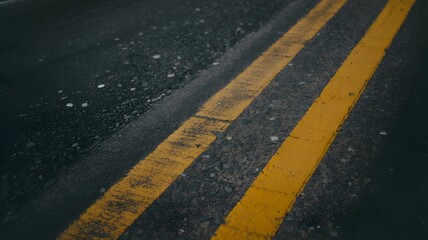 Close up of worn double yellow road lines on asphalt surface
