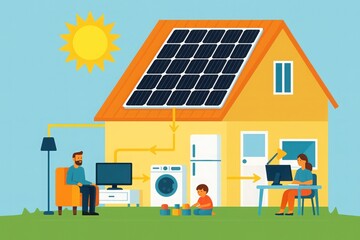 Modern household using solar energy illustration with family indoors and solar panels powering appliances