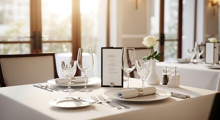 Restaurant Table Setting with Menu and White Rose