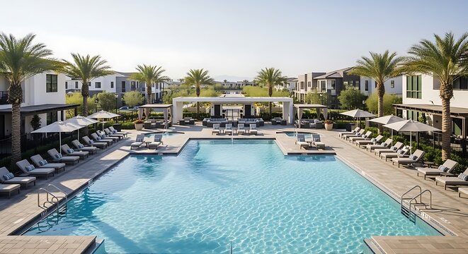 Swimming Pool with Palm Trees and Lounge Chairs