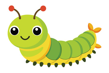 A happy green caterpillar faces forward with little antenna and yellow accents, isolated